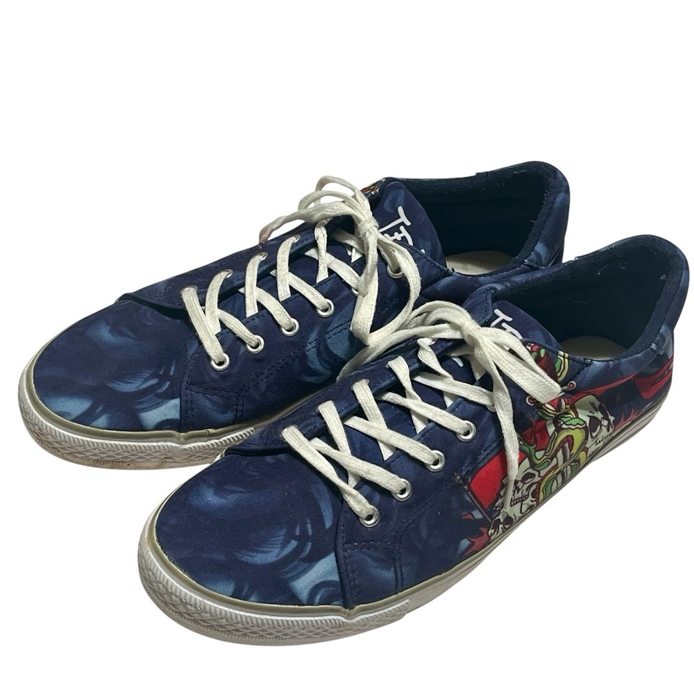 Ed Hardy Milo Sneakers Shoes Mens Sz 13 Blue Canvas Skulls Snake EH9056L Skater